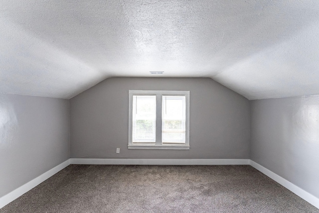 additional living space with a textured ceiling, carpet floors, and lofted ceiling