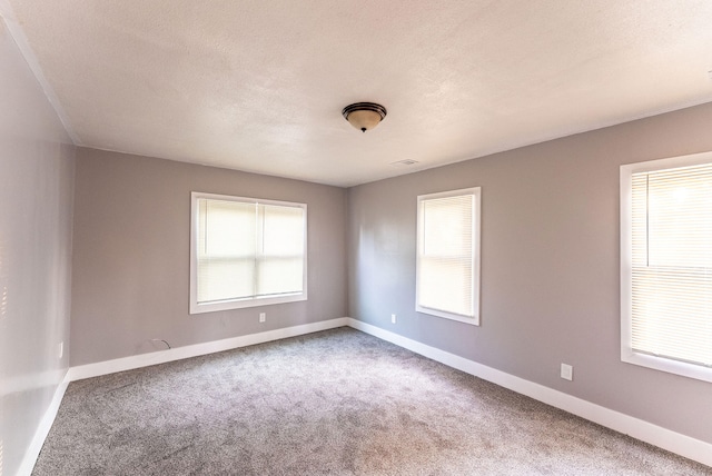 spare room featuring carpet floors and a textured ceiling