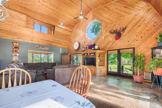 dining space with french doors, ceiling fan, high vaulted ceiling, wooden ceiling, and wood walls