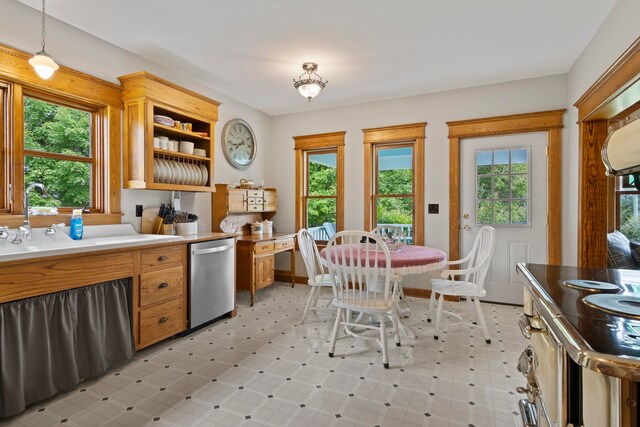 5721 Broomhead Rd, Williamsburg, MI 49690 - kitchen with stainless steel dishwasher, open shelves, light flooring, decorative light fixtures, and a sink