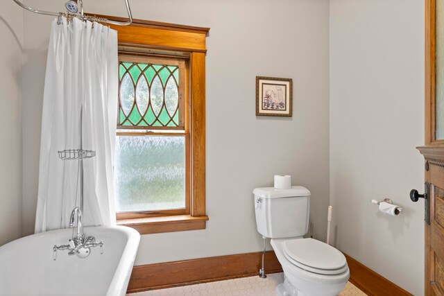 5721 Broomhead Rd, Williamsburg, MI 49690 - full bathroom featuring a freestanding tub, toilet, and baseboards