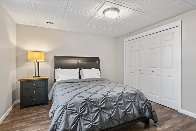 5721 Broomhead Rd, Williamsburg, MI 49690 - bedroom with baseboards, dark wood-type flooring, and a closet