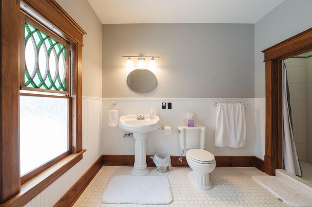 5721 Broomhead Rd, Williamsburg, MI 49690 - full bathroom with toilet, healthy amount of natural light, a shower with shower curtain, and wainscoting