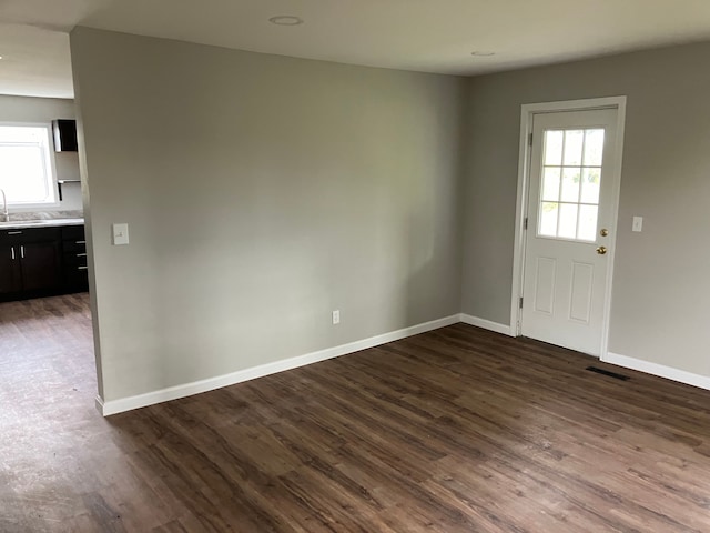 interior space with plenty of natural light, sink, and dark wood-type flooring