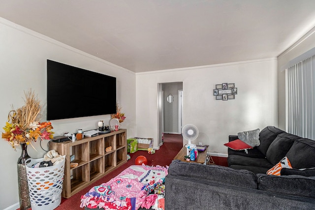 carpeted living room with ornamental molding