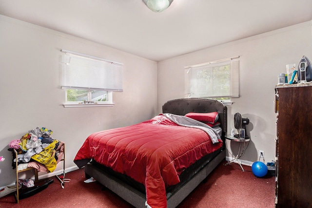 bedroom featuring carpet floors, crown molding, and multiple windows