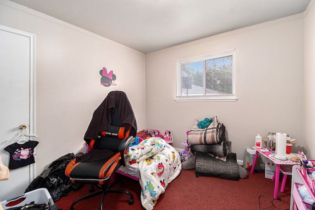 carpeted bedroom featuring ornamental molding