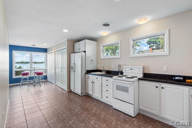 kitchen featuring white cabinetry, sink, a healthy amount of sunlight, and white appliances