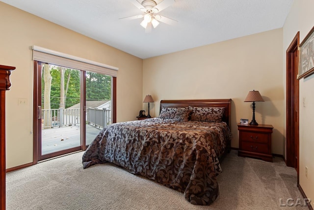 bedroom with carpet, ceiling fan, and access to exterior