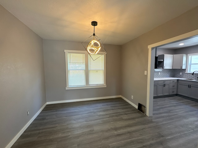 unfurnished dining area with dark hardwood / wood-style flooring and sink