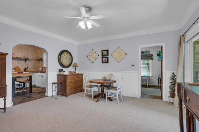 10526 Spring Arbor Rd, Spring Arbor, MI 49283 - dining area featuring carpet, healthy amount of natural light, arched walkways, a ceiling fan, and wainscoting
