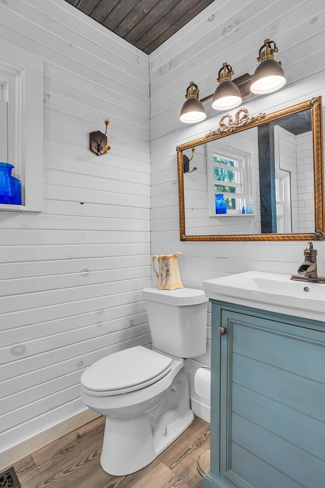 10526 Spring Arbor Rd, Spring Arbor, MI 49283 - bathroom with toilet, vanity, wood finished floors, and wood walls