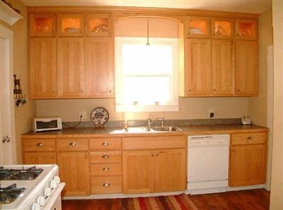 kitchen featuring white appliances, dark hardwood / wood-style floors, and sink