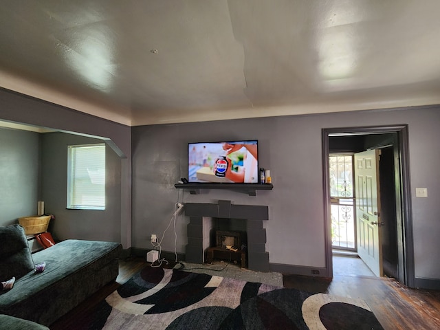 living room with a tiled fireplace and hardwood / wood-style flooring