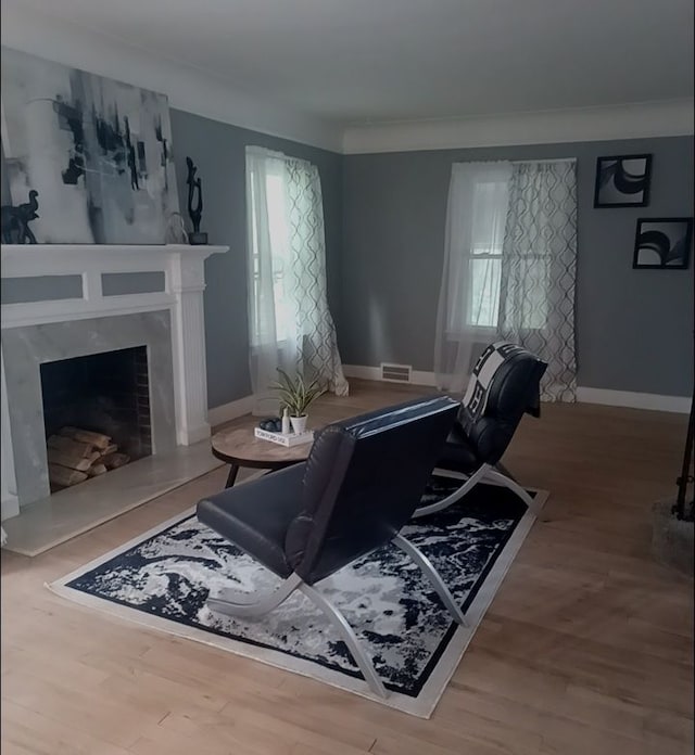 living room with crown molding and wood-type flooring