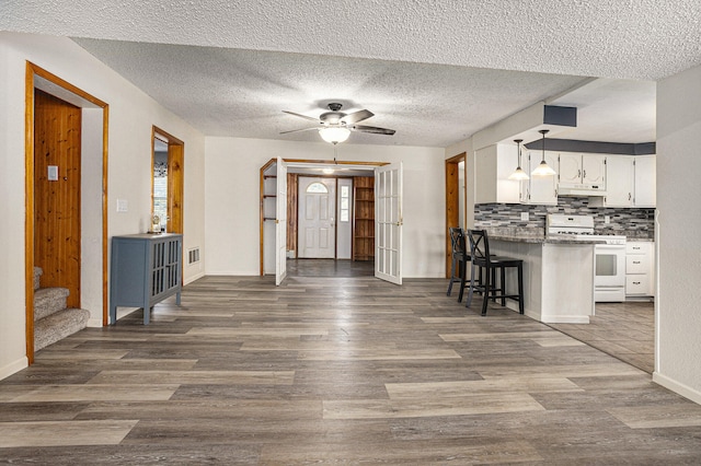 interior space with dark hardwood / wood-style floors, a healthy amount of sunlight, a textured ceiling, and ceiling fan