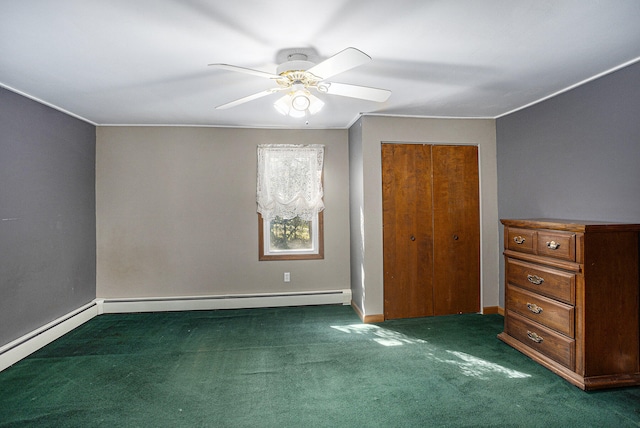 unfurnished bedroom featuring dark colored carpet, a closet, ceiling fan, and a baseboard heating unit