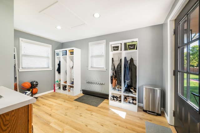 20616 Madison Ave, Big Rapids, MI 49307 - mudroom featuring attic access, wood finished floors, and recessed lighting