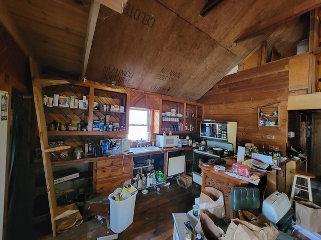 3376 Swihart Rd, Brethren, MI 49619 - kitchen featuring white appliances, wood walls, vaulted ceiling, wood finished floors, and wooden ceiling