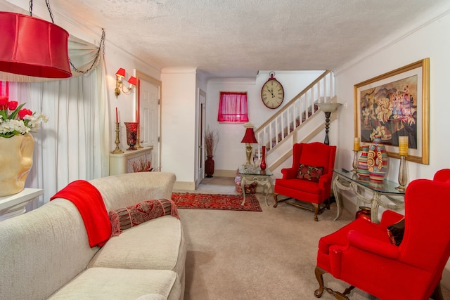 carpeted living room featuring a textured ceiling