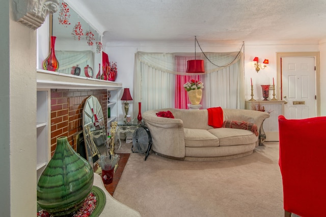 carpeted living room with a textured ceiling and a brick fireplace