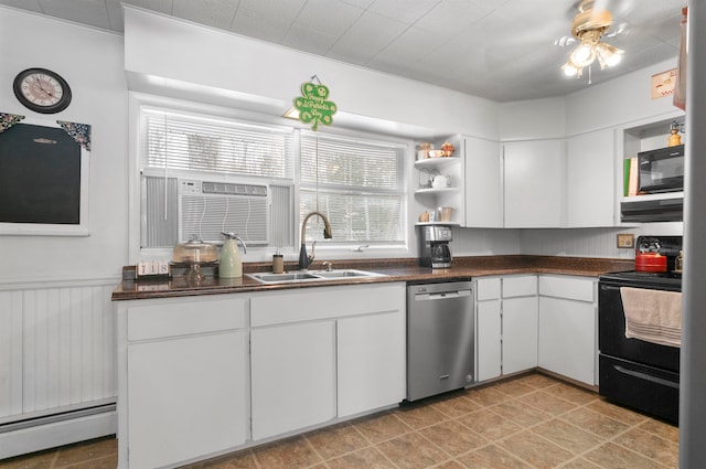 kitchen featuring white cabinetry, sink, ceiling fan, baseboard heating, and black appliances