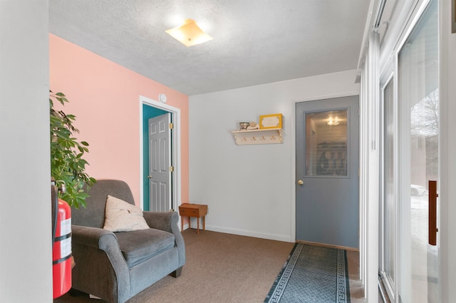 living area with carpet floors and a textured ceiling