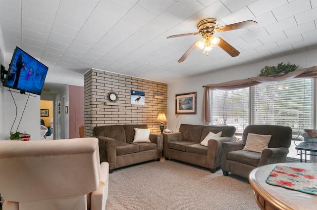 living room with light carpet and ceiling fan