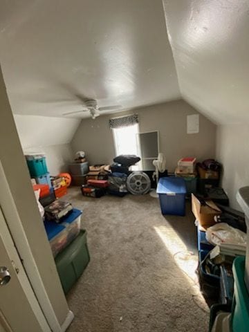 additional living space with ceiling fan, carpet, and vaulted ceiling