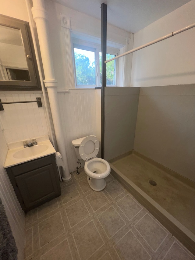 bathroom featuring a shower, vanity, and toilet