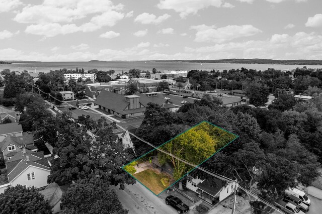 TBB120 N Cedar St, Traverse City, MI 49684 - aerial view of property's location with property parcel outlined and a large body of water