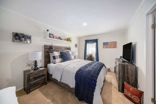 bedroom with light colored carpet and ornamental molding