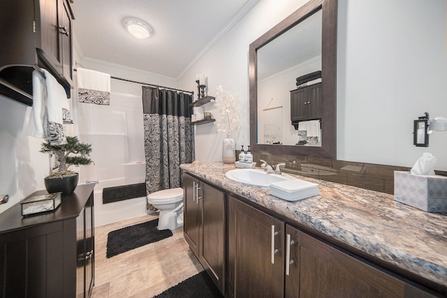 full bathroom with decorative backsplash, shower / bath combination with curtain, vanity, crown molding, and toilet