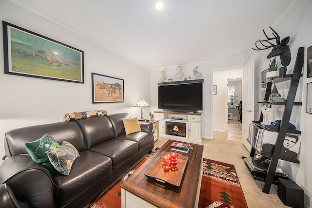 living room with light colored carpet and crown molding