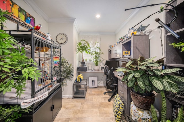 office space with crown molding and light hardwood / wood-style floors