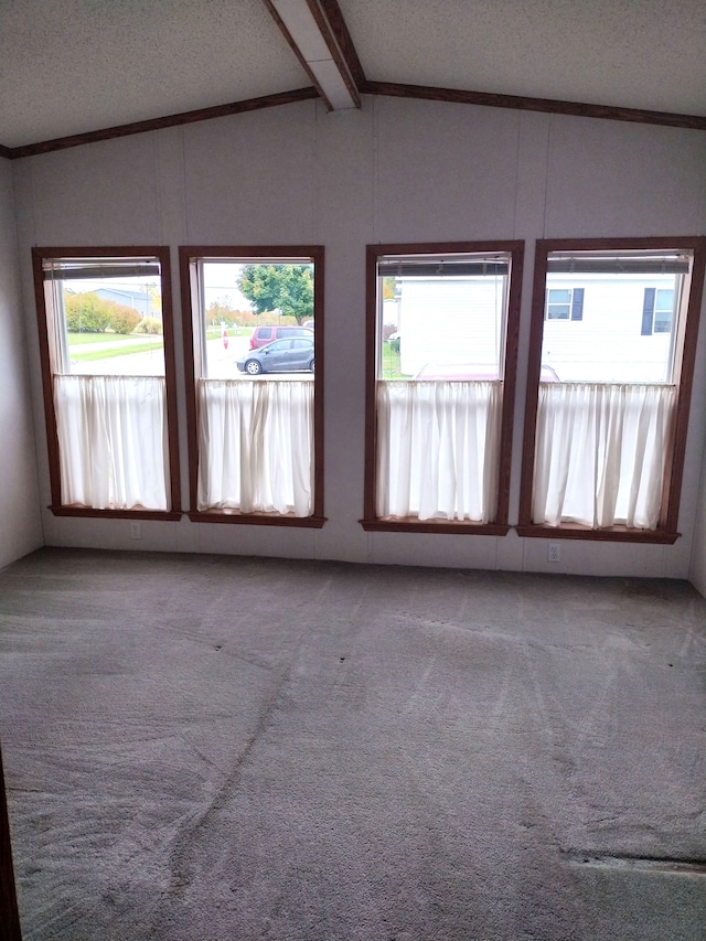 carpeted spare room featuring lofted ceiling with beams, ornamental molding, and a textured ceiling