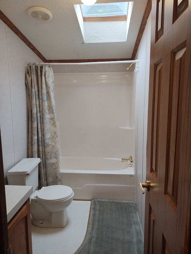 full bathroom with vanity, a textured ceiling, crown molding, shower / bathtub combination with curtain, and toilet