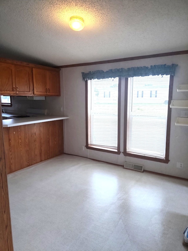 kitchen featuring a textured ceiling and crown molding