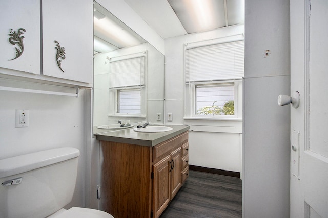 bathroom with vanity, toilet, and wood-type flooring