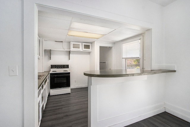 kitchen with kitchen peninsula, white cabinetry, dark wood-type flooring, and electric stove