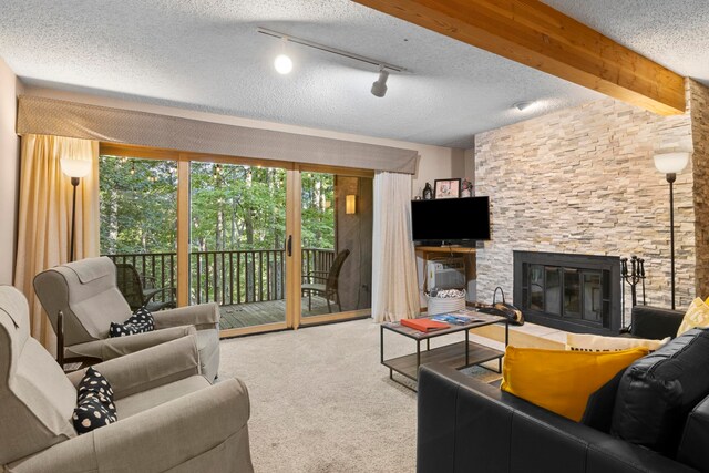 5830 Shanty Creek Rd, Bellaire, MI 49615 - carpeted living room with a textured ceiling, a fireplace, and rail lighting