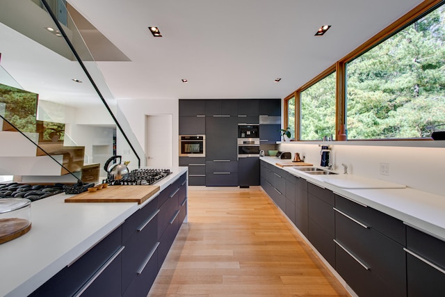 kitchen with light wood-style floors, modern cabinets, light countertops, and stainless steel appliances