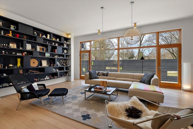 living room featuring built in shelves and wood finished floors