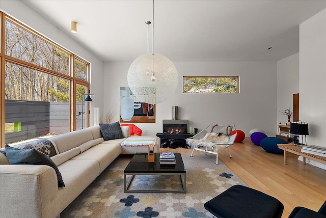 living room with wood finished floors and a wood stove