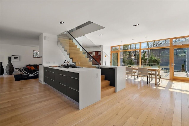 kitchen with light wood finished floors, light countertops, floor to ceiling windows, modern cabinets, and dark cabinets