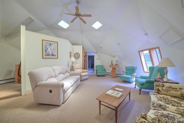 carpeted living room featuring ceiling fan, a baseboard radiator, and vaulted ceiling