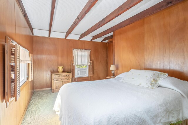 89 E Chicago St, Quincy, MI 49082 - carpeted bedroom with wooden walls, cooling unit, and beamed ceiling
