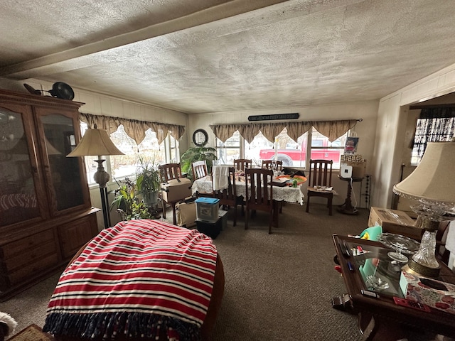 living room with plenty of natural light, a textured ceiling, and dark colored carpet