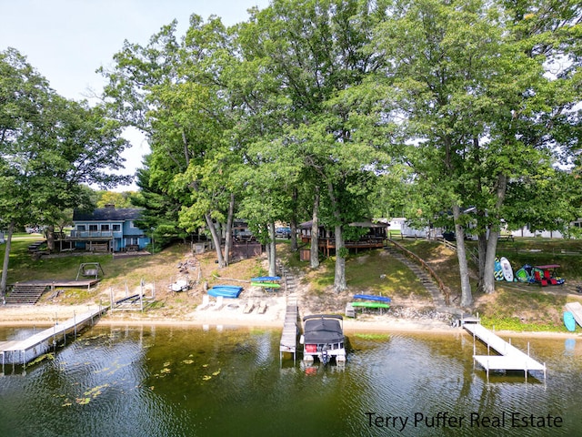 view of dock with a water view