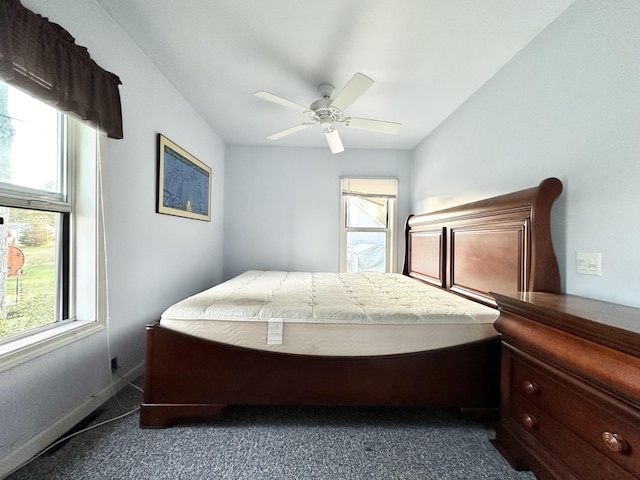2715 Duck Lake Rd N, Highland, MI 48356 - bedroom featuring multiple windows, dark carpet, and ceiling fan